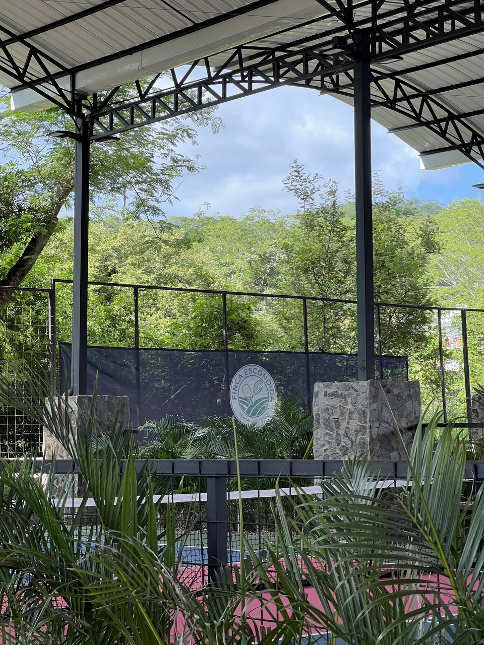 The club crest on a court screen, framed by palms and forest