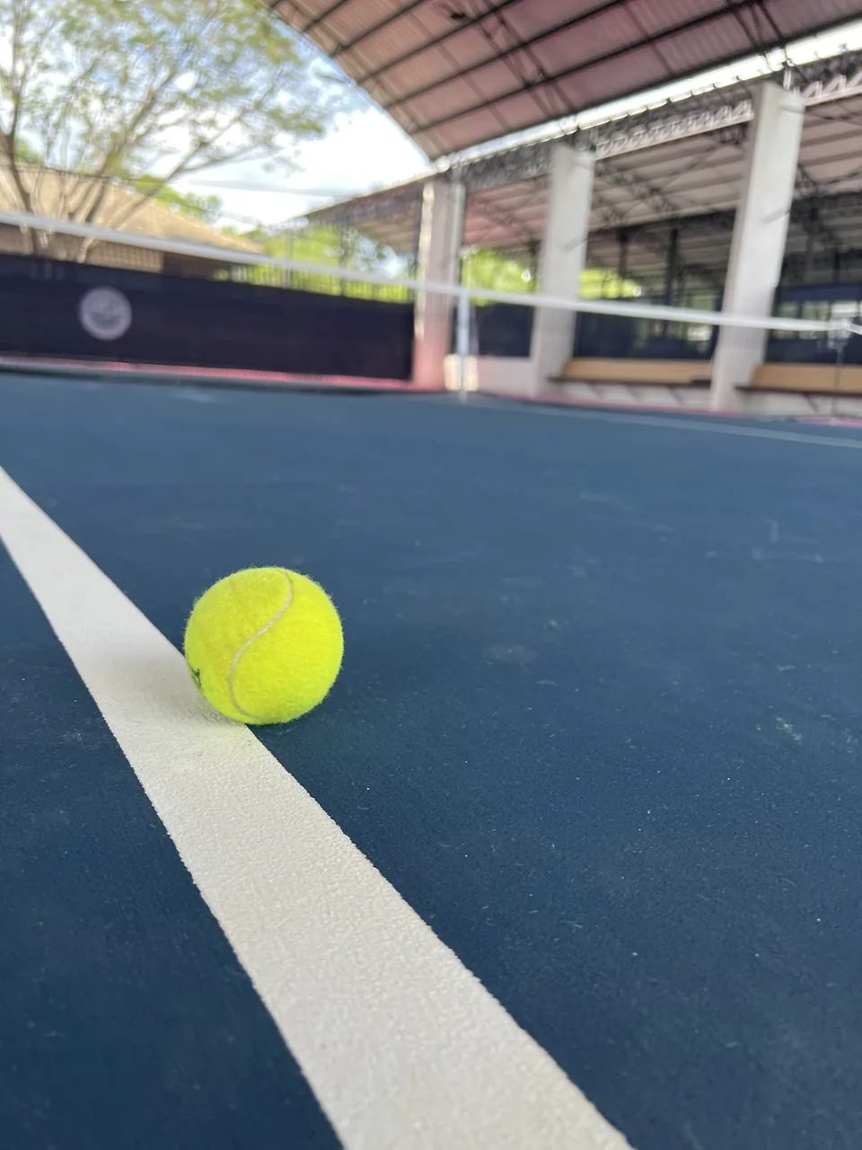 Tennis ball on the line of a blue court under the roof